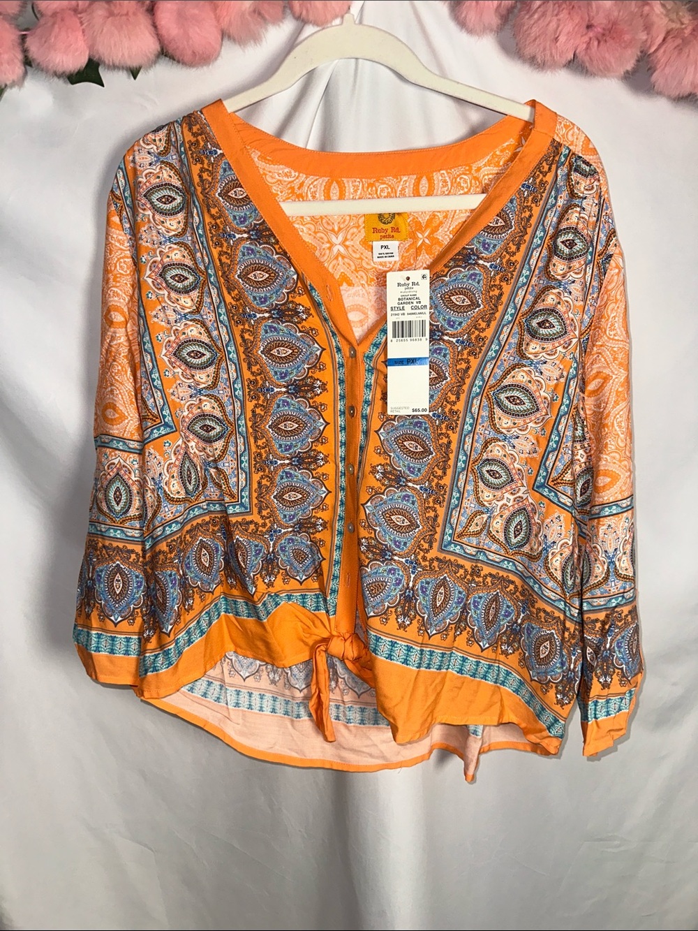 Ruby Rd. Orange Paisley Tie-Front Blouse with Blue Accents